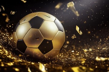 Fototapeta premium Golden soccer ball surrounded by shimmering particles in a dynamic display of energy