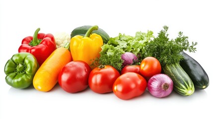 A variety of fresh vegetables including broccoli, parsley, orange bell pepper, eggplant, zucchini, yellow bell pepper, 