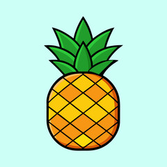 Cartoon pineapple with green leaves against a light blue background illustration