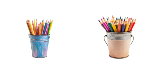 Colorful buckets filled with crayons and colored pencils on display