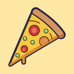 A cartoon illustration of a pizza slice with pepperoni and green peppers