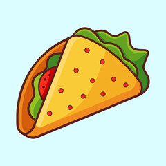 Cartoon Taco with Lettuce and Tomato on a Light Blue Background