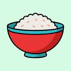A cartoon illustration of a bowl of white rice, red sides, turquoise rim