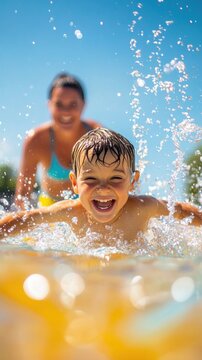 Happy child swimming and splashing in a pool with mother watching