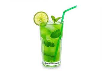 A refreshing green drink with lime slice mint and ice cubes on white background with a green straw inside