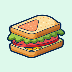 Whimsical Cartoon Sandwich Illustration with Lettuce, Tomato, Cheese, and Triangular Meat
