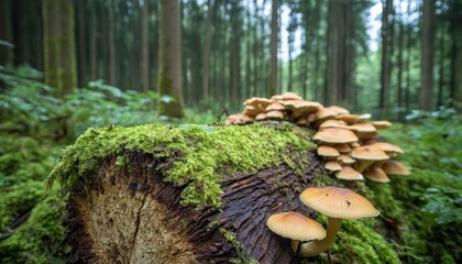 Mushrooms growing on mossy log in forest