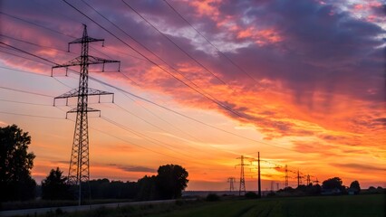 Electricity Pylons Silhouetted Against Fiery Sunset Sky With Vibrant Orange And Pink Clouds