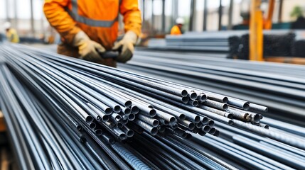 Worker Handling Steel Reinforcement Bars in a Factory