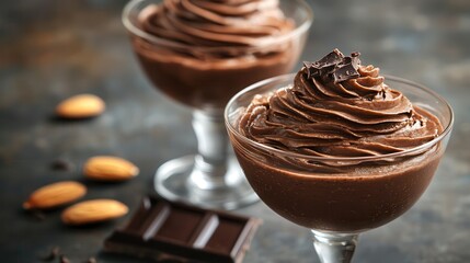 Chocolate almond desert indulgence Delicious chocolate dessert with whipped topping and almonds.