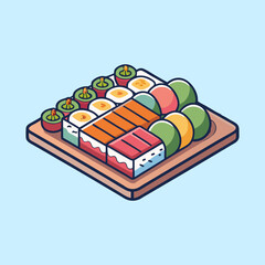 Isometric View of Delicious and Colorful Sushi Assortment on Wooden Plate