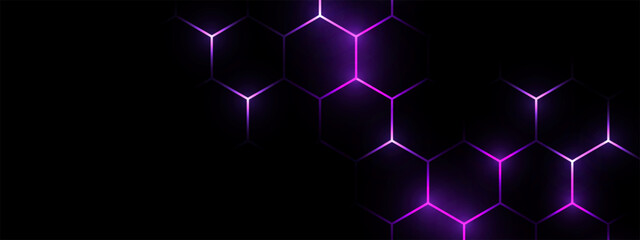 Hexagonal gaming honeycomb abstract background. Hexagon technology futuristic dark vector abstract background with blue and pink colored bright flashesunder hexagon. 
