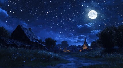 Fototapeta premium A calm, starry night sky over a peaceful village, with twinkling stars and soft moonlight.