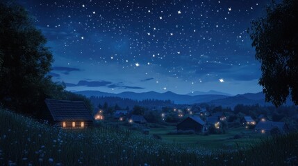 Fototapeta premium A calm, starry night sky over a peaceful village, with twinkling stars and soft moonlight.