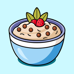Cartoon bowl of tasty porridge with chocolate chips and strawberries illustration