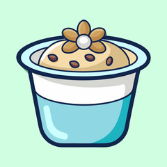 Cup of vanilla pudding with chocolate chips and a flower decoration