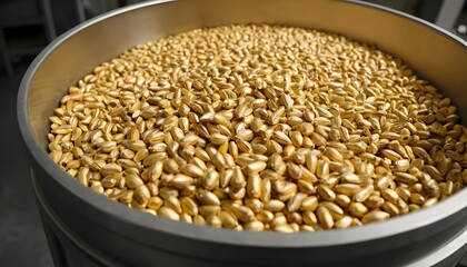 Obraz premium Golden Wheat Grains Filling a Metal Container Ready for Processing