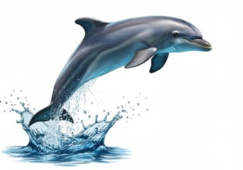 A dolphin is jumping out of the water with a splash on a white background in a digital painting