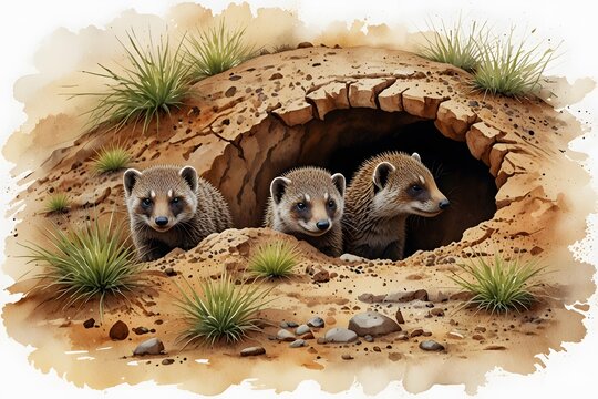 Mongoose in their burrows or dens in watercolor style