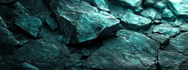 A close-up view of textured, fragmented rocks with a teal hue.
