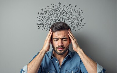 Man holding head in frustration with many question marks and icons above, digital art style, gray background, concept of stress, confusion, social issue. Ai generative