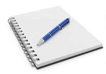 A blue pen resting on a blank white spiral notebook against a plain white background in a studio shot