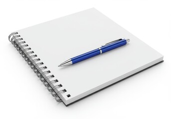 A blue pen resting on top of a blank white spiral notebook sitting on a white surface in a studio shot