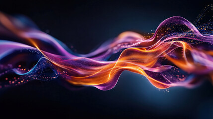 vibrant, abstract digital artwork featuring flowing, colorful waves of light against dark background, creating sense of motion and energy