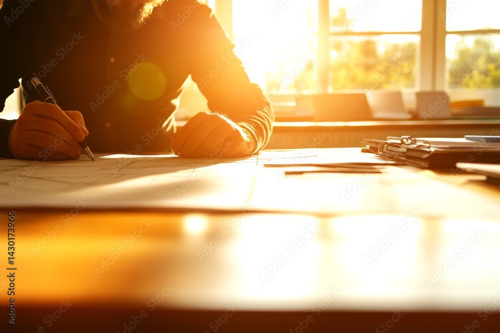Poster a skilled architect focuses on sketching a blueprint at a workstation, while natural light enhances 