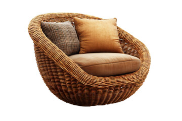 Luxurious Wicker Egg Chair perfect for relaxation boasts a cozy beige cushion and textured brown pillows against a pure black on transparent background