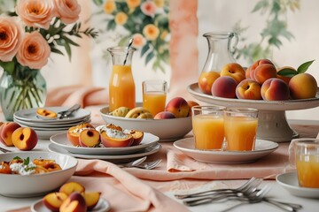 Peach-themed brunch setting with dishes and drinks