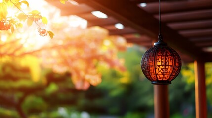 Obraz premium A beautifully detailed lantern illuminates a wooden pergola as vivid flowers bloom nearby, all bathed in the soft glow of the evening light, crafting a peaceful retreat