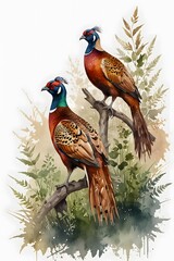 Pheasant couple in a romantic intimate pose in watercolor style