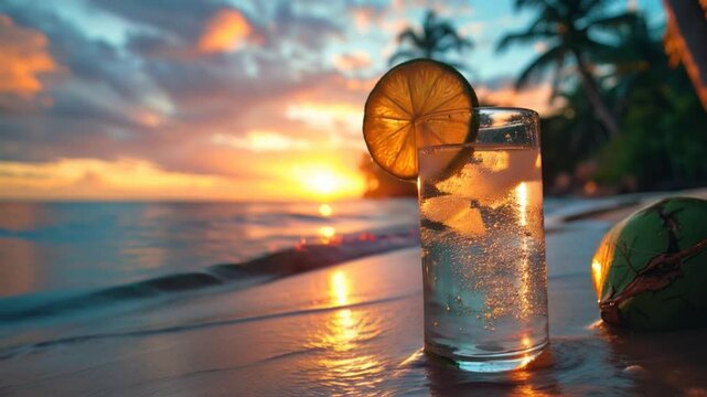 Sunset sip beachside refreshment and coconut tranquility