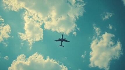 Naklejka premium Passenger airplane flying overhead in bright blue sky with fluffy clouds. Great for illustrating themes of travel, transportation, and vacation.