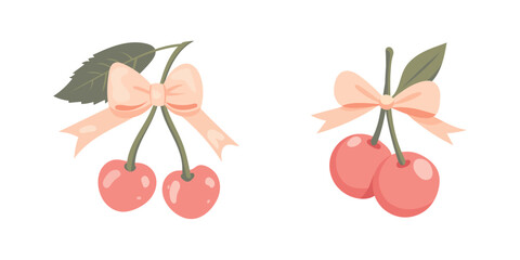 Two cherries with a bow coquette. A charming bow coquette with a pink ribbon and red cherries on a light background. A delightful Valentine's Day present.