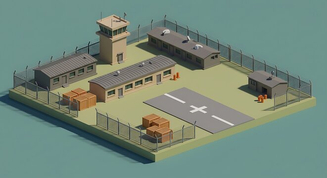 Military Base Isometric Low Poly Style