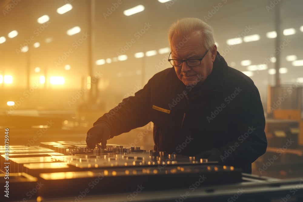 Poster A factory worker is intently operating a lathe machine surrounded by metal parts and tools, with warm lighting accentuating the exactness of the task