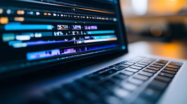 Close-up of a laptop screen displaying video editing software interface. Colorful waveforms and timelines are visible, suggesting a dynamic workflow. - Powered by Adobe