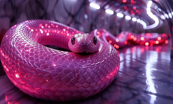 A vibrant pink snake coiled in a futuristic, illuminated tunnel, showcasing its scales and surroundings