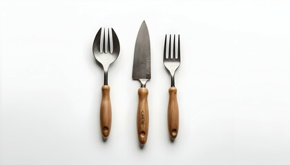 Isolated Utensils with Wooden Handles Flat Lay on White Background