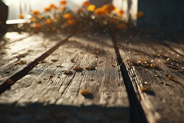 Fototapeta premium Sunlit Wooden Table with Scattered Flower Petals