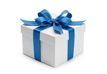 Obraz premium A white gift box with a blue ribbon tied in a bow sits on a white background in a studio shot