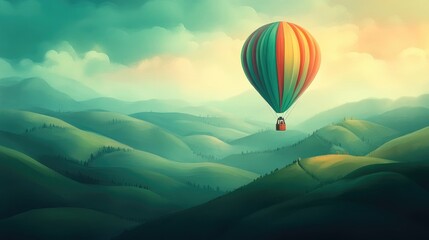 Obraz premium A colorful hot air balloon floating peacefully over rolling hills, embodying freedom and happiness.