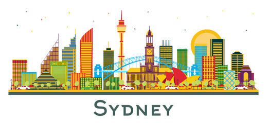 Sydney Australia City Skyline with Color Buildings isolated on white. Business Travel and Tourism Concept with Modern Architecture. Sydney Cityscape with Landmarks.