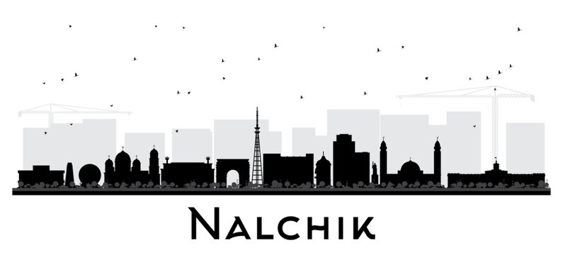 Nalchik Russia city skyline silhouette with black buildings isolated on white. Nalchik cityscape with landmarks. Business travel and tourism concept with modern and historic architecture.