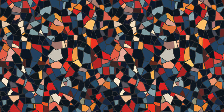 Abstract mosaic, a seamless design. A vector background. Perfect for creating a backdrop. Ceramic tile fragments. Colorful broken tiles, a mosaic of yellow, blue, and red.