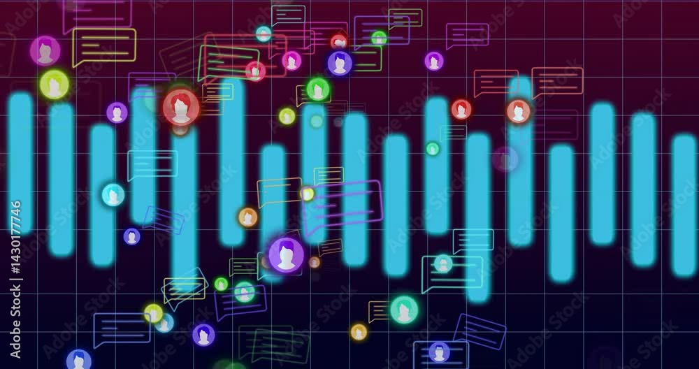 Poster animating data dashboard with floating cyan bars and drifting neon chat bubbles across grid