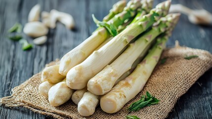 White asparagus hand pick organic harvest Fresh white asparagus on burlap with herbs and garlic.