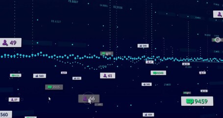 Interface visualizing turquoise data clusters on navy field, showing social media icons with labels